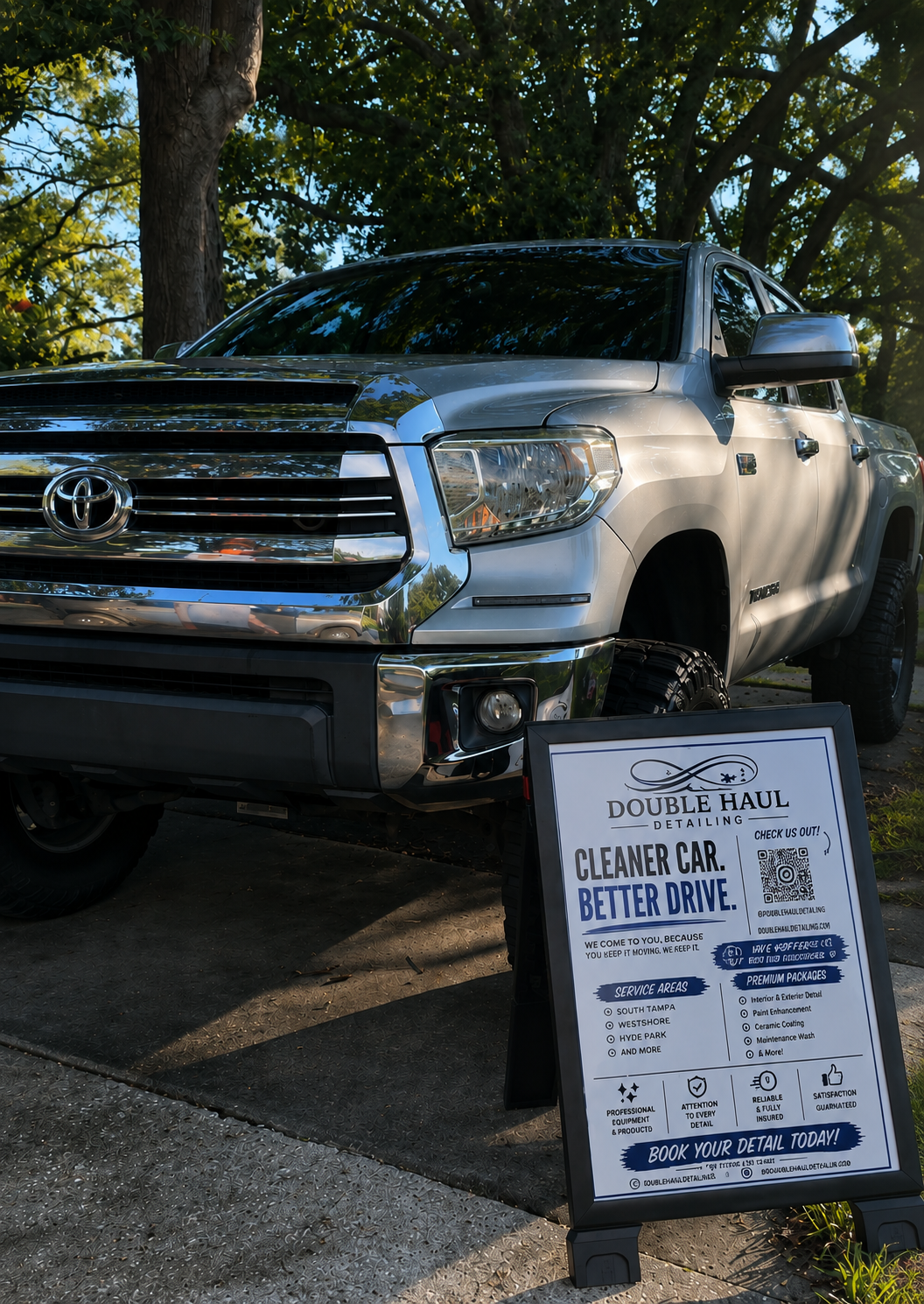 A polished Toyota Tundra with the Double Haul Detailing sign in Tampa, Florida